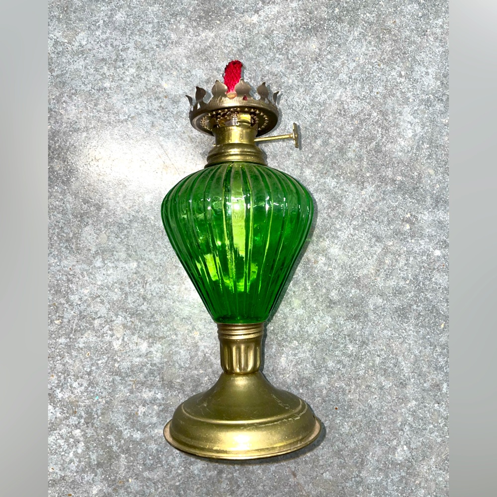 Rare 1950’s Vintage Green Glass Oil Lamp. Textured Base. Made In Hong Kong